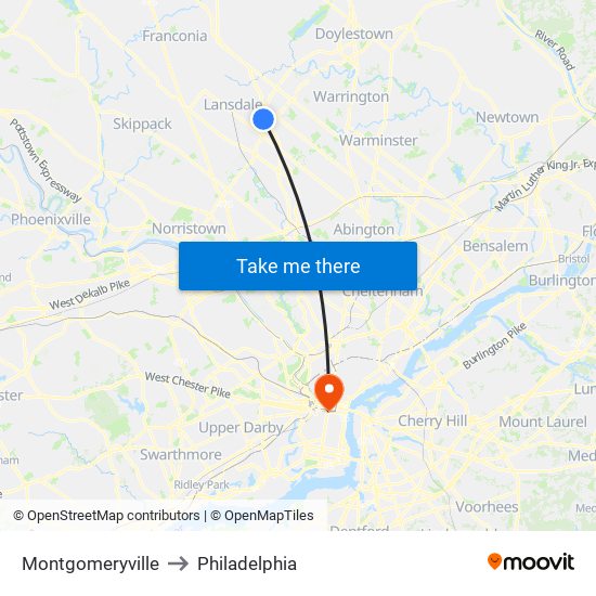 Montgomeryville to Philadelphia map