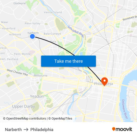 Narberth to Philadelphia map