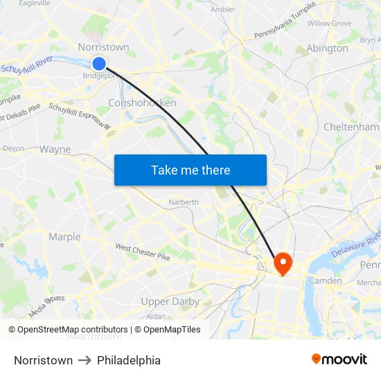 Norristown to Philadelphia map
