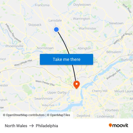 North Wales to Philadelphia map