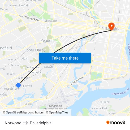 Norwood to Philadelphia map