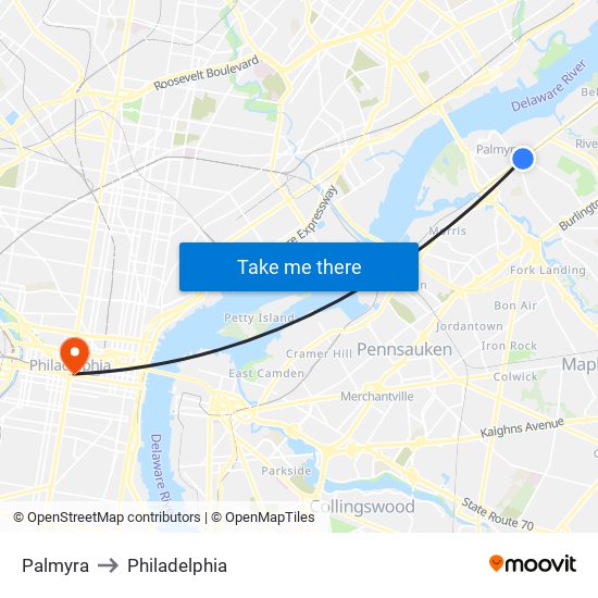 Palmyra to Philadelphia map