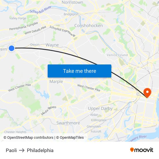 Paoli to Philadelphia map