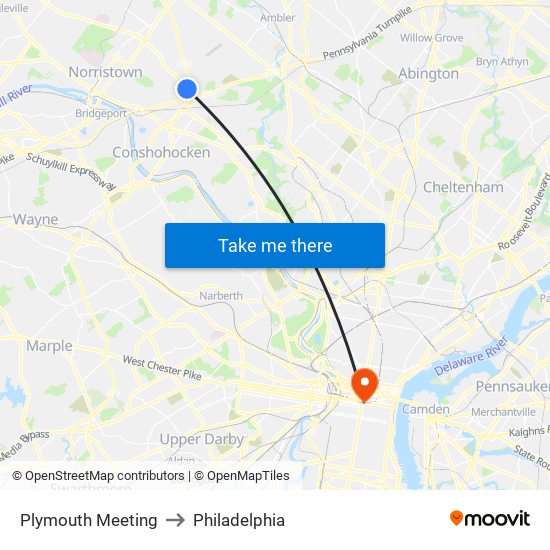 Plymouth Meeting to Philadelphia map