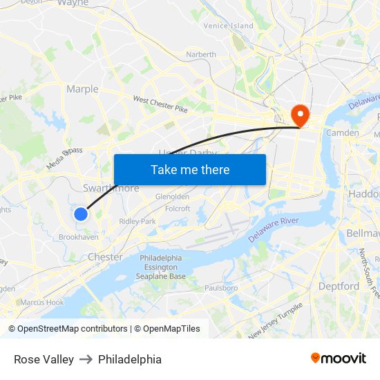 Rose Valley to Philadelphia map