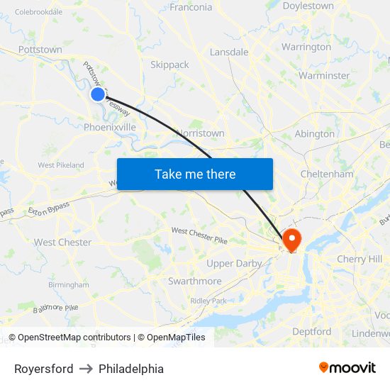 Royersford to Philadelphia map