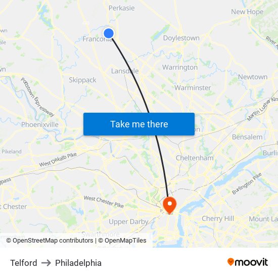 Telford to Philadelphia map