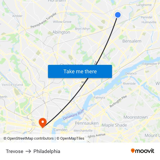 Trevose to Philadelphia map