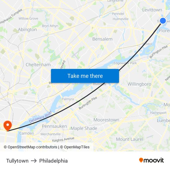 Tullytown to Philadelphia map