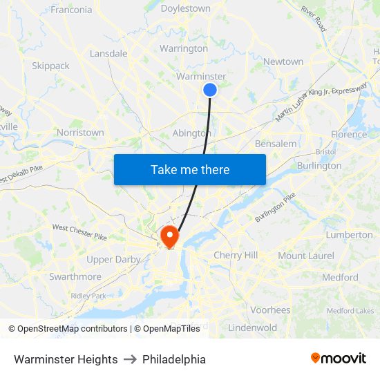 Warminster Heights to Philadelphia map