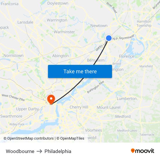 Woodbourne to Philadelphia map