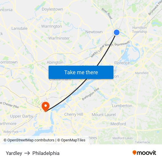 Yardley to Philadelphia map