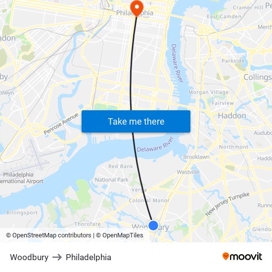 Woodbury to Philadelphia map