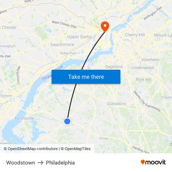 Woodstown to Philadelphia map