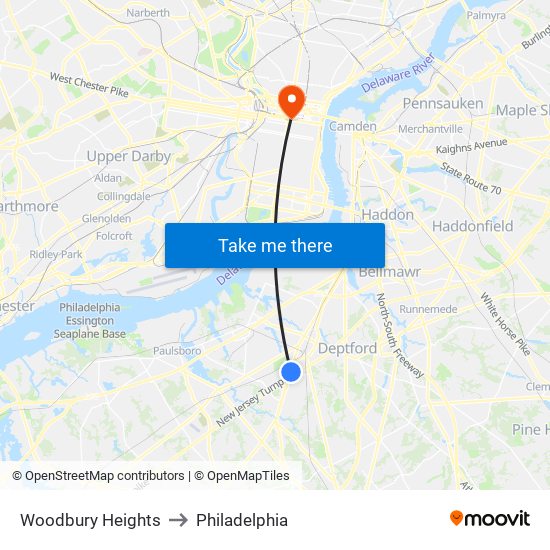 Woodbury Heights to Philadelphia map