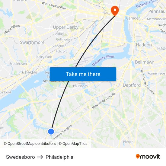 Swedesboro to Philadelphia map