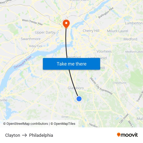 Clayton to Philadelphia map