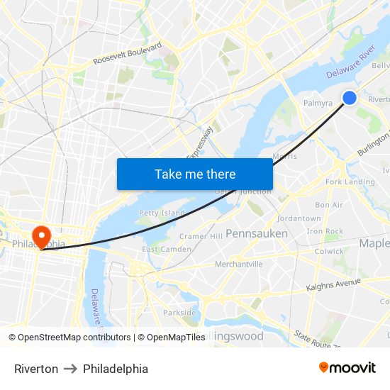 Riverton to Philadelphia map