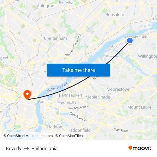 Beverly to Philadelphia map