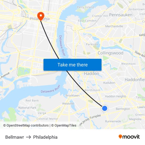 Bellmawr to Philadelphia map