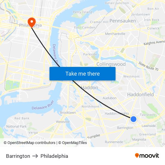 Barrington to Philadelphia map