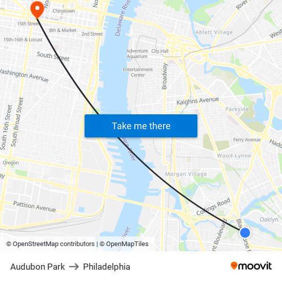 Audubon Park to Philadelphia map