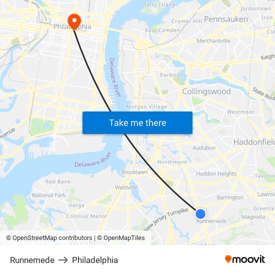 Runnemede to Philadelphia map