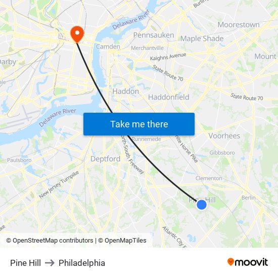Pine Hill to Philadelphia map