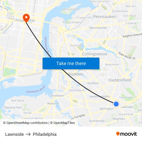 Lawnside to Philadelphia map