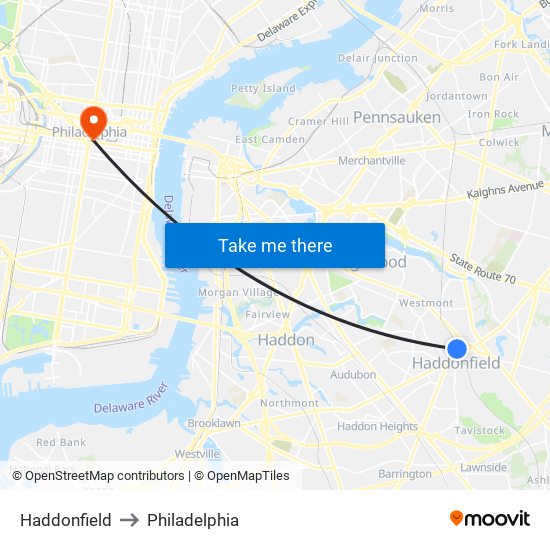 Haddonfield to Philadelphia map