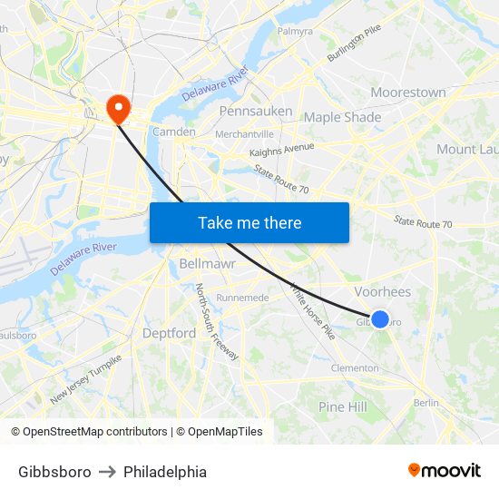 Gibbsboro to Philadelphia map