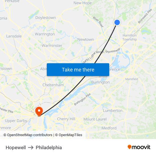 Hopewell to Philadelphia map