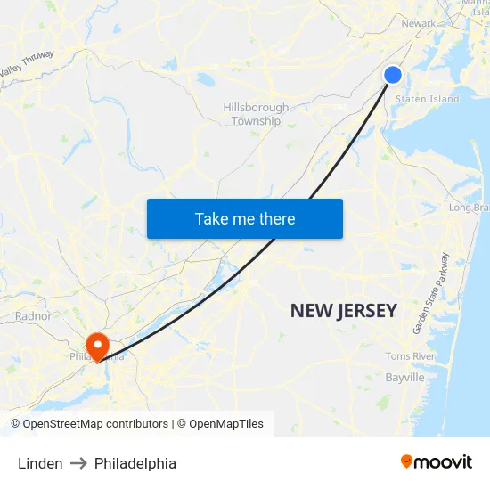 Linden to Philadelphia map