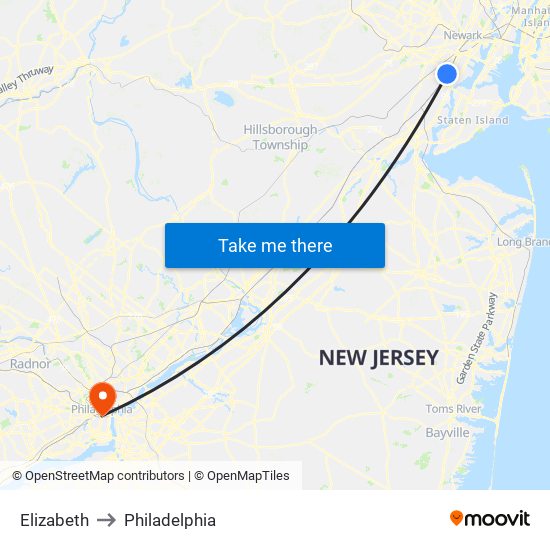 Elizabeth to Philadelphia map