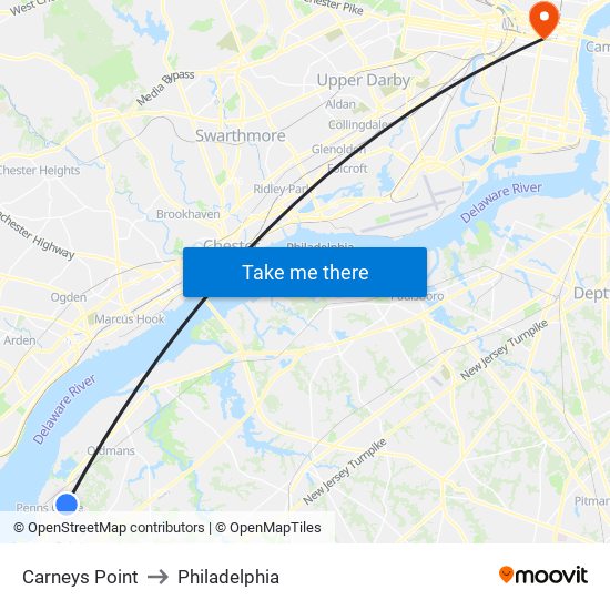 Carneys Point to Philadelphia map