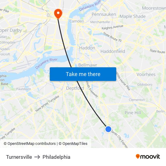 Turnersville to Philadelphia map