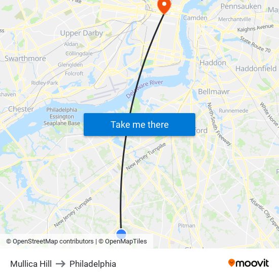 Mullica Hill to Philadelphia map