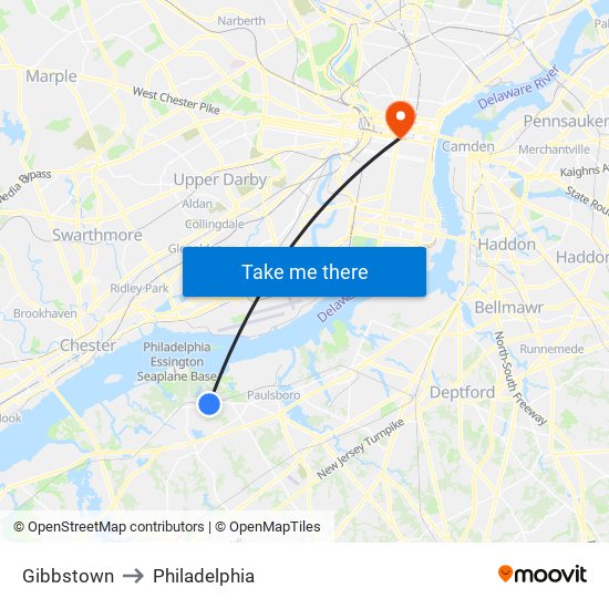 Gibbstown to Philadelphia map