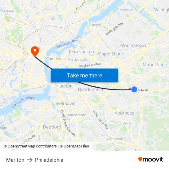 Marlton to Philadelphia map