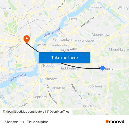 Marlton to Philadelphia map