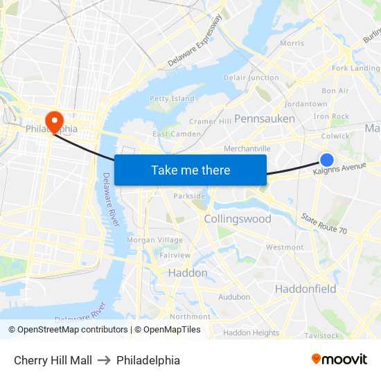 Cherry Hill Mall to Philadelphia map