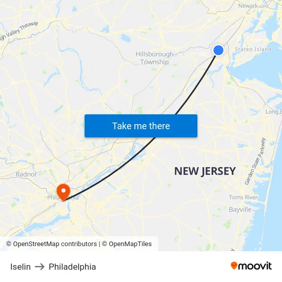 Iselin to Philadelphia map