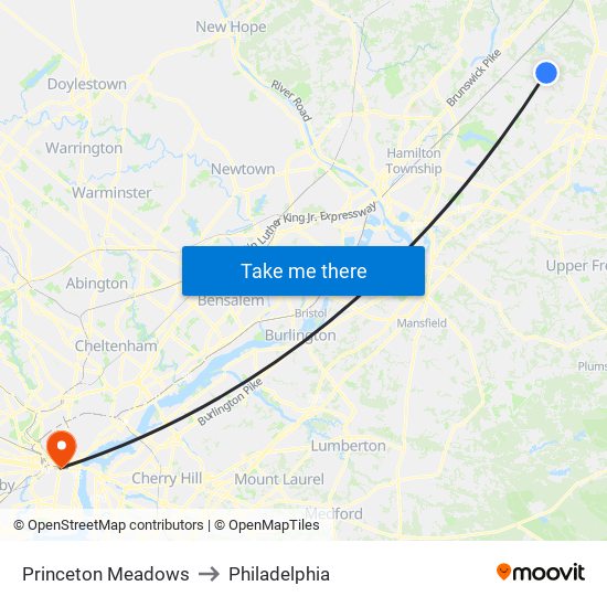 Princeton Meadows to Philadelphia map