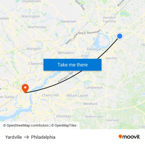 Yardville to Philadelphia map