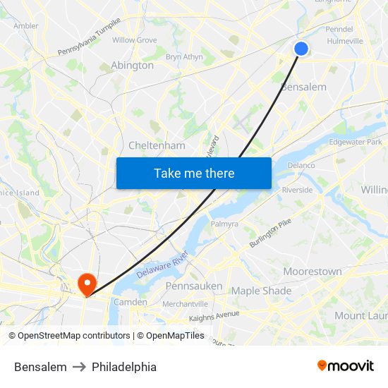 Bensalem to Philadelphia map