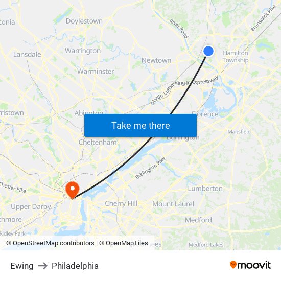 Ewing to Philadelphia map