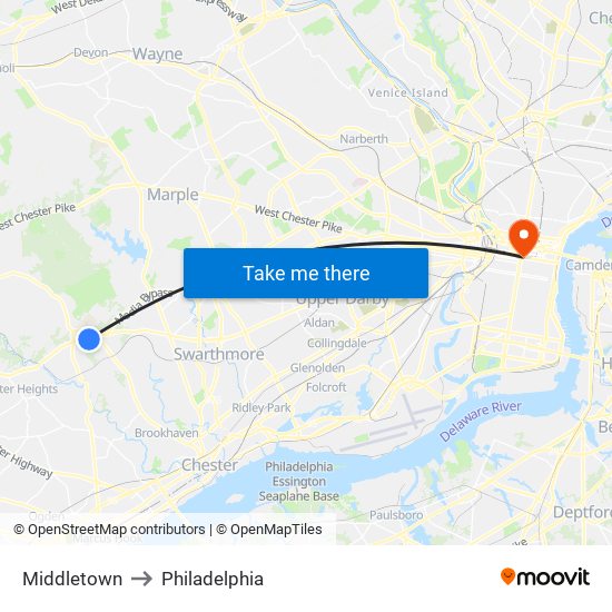 Middletown to Philadelphia map