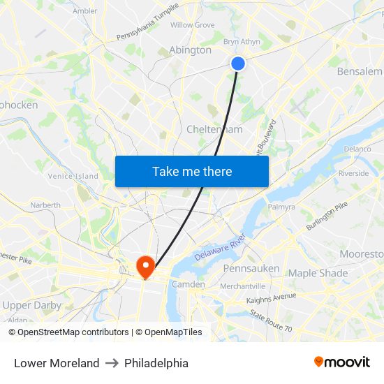 Lower Moreland to Philadelphia map