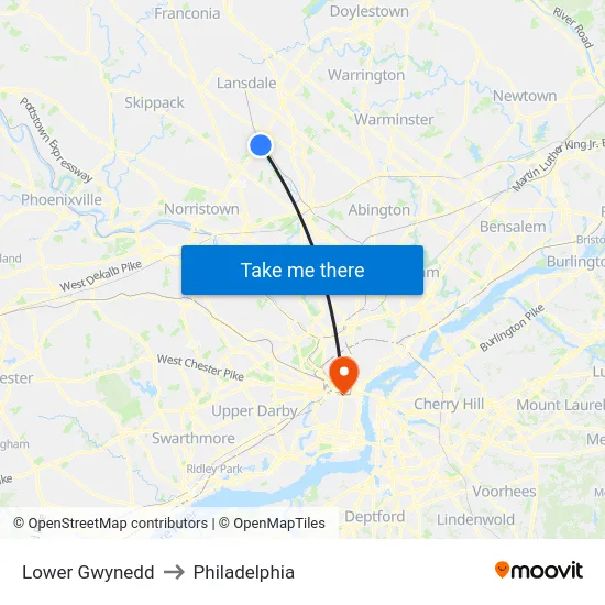 Lower Gwynedd to Philadelphia map