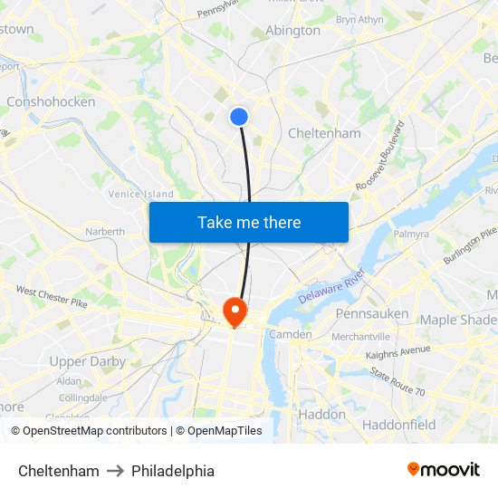 Cheltenham to Philadelphia map